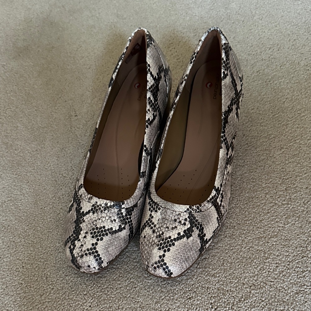 Clarks Black and Cream Snakeskin Heels